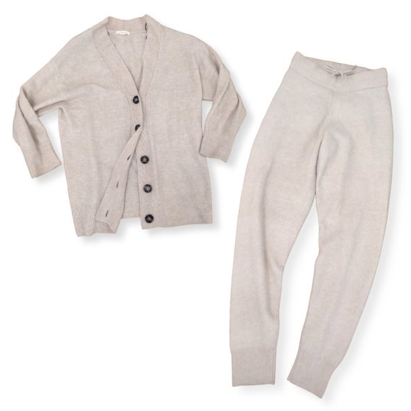 H&M knit neutral beige set of oversized cardigan and high waisted pants size S - Picture 1 of 8